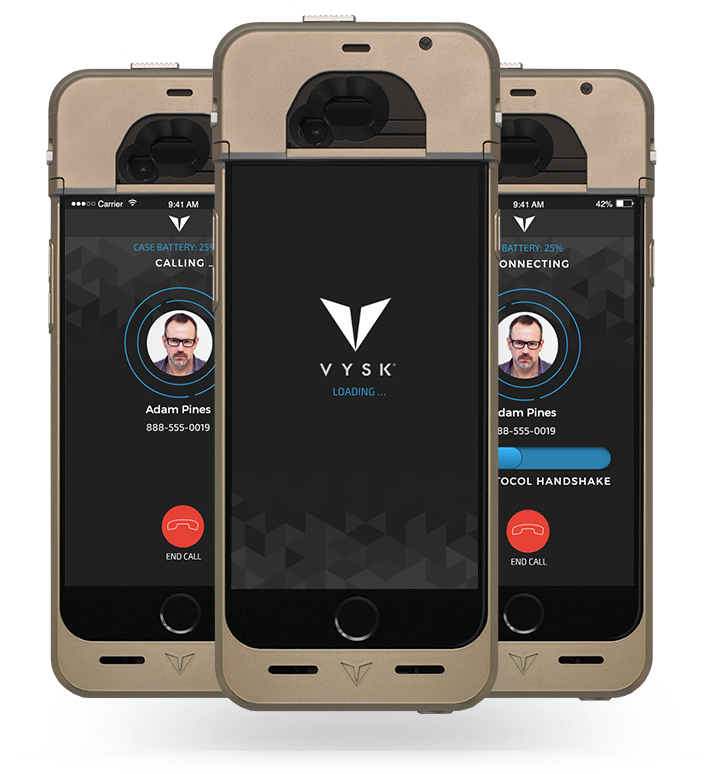 VYSK iOS app with case on an iPhone 6. Loading, Dialing, Handshake.